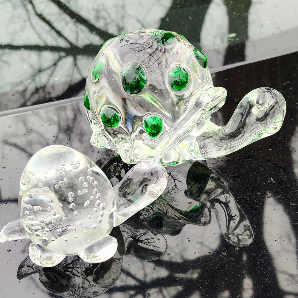 MURANO VENETIAN ART GLASS TURTLE RAISED GREEN SPOTS SET